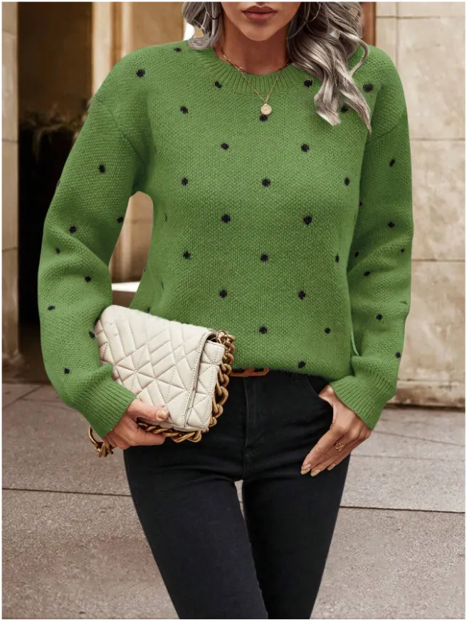 Fashion Round Neck Long Sleeve Pullover Sweater Polka Dot Print Knitwear - Green