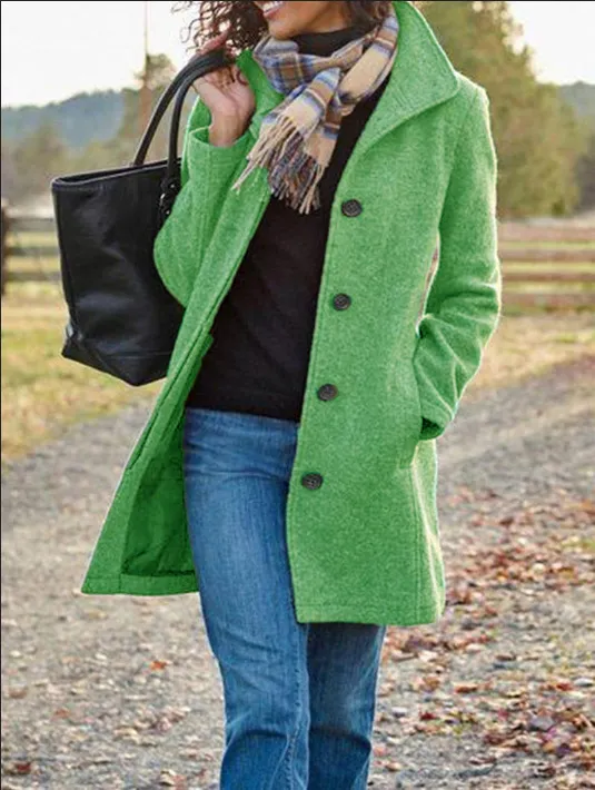 Ladies New Woolen Mid length Multi grain Buckle Cardigan Coat Green - Shop at LoveMi