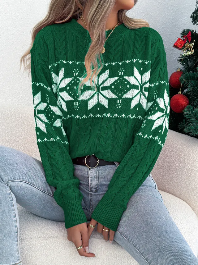 European And American Snowflake Pattern Lantern Long Sleeve Pullover Sweater Green - Shop at LoveMi