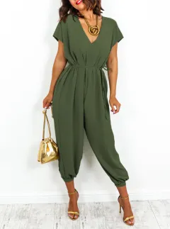 Women's V-neck Lace-up Waist Harem Pants Wide Leg Pants - Olive Green - View 1