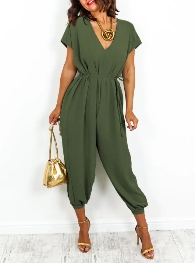 Women's V neck Lace up Waist Harem Pants Wide Leg Pants Olive Green - Shop at LoveMi