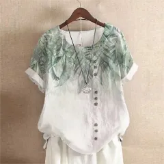Retro Cotton And Linen Printed Loose Casual Shirt Short-sleeved T-shirt For Women - Flower 13-S - View 1