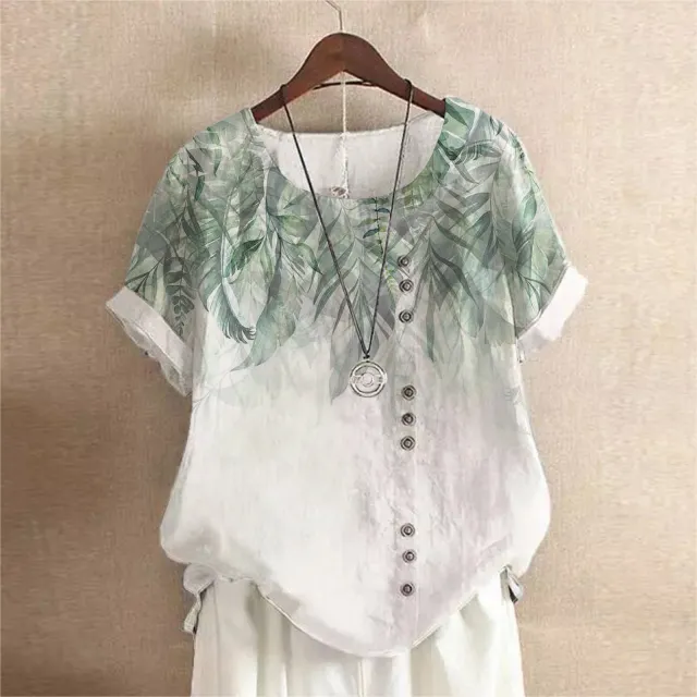 Retro Cotton And Linen Printed Loose Casual Shirt Short sleeved T shirt For Women Flower 13 L - Shop at LoveMi