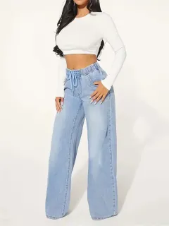 High Waist Drawstring Loose Wide Leg Light Blue Jeans - Light Blue - View 1