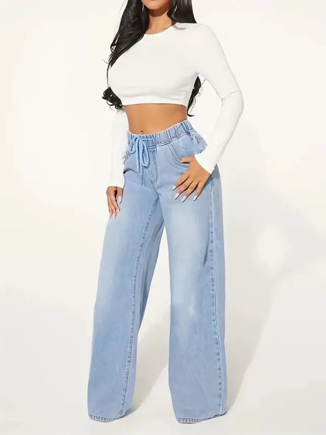 High Waist Drawstring Loose Wide Leg Light Blue Jeans Light Blue - Shop at LoveMi