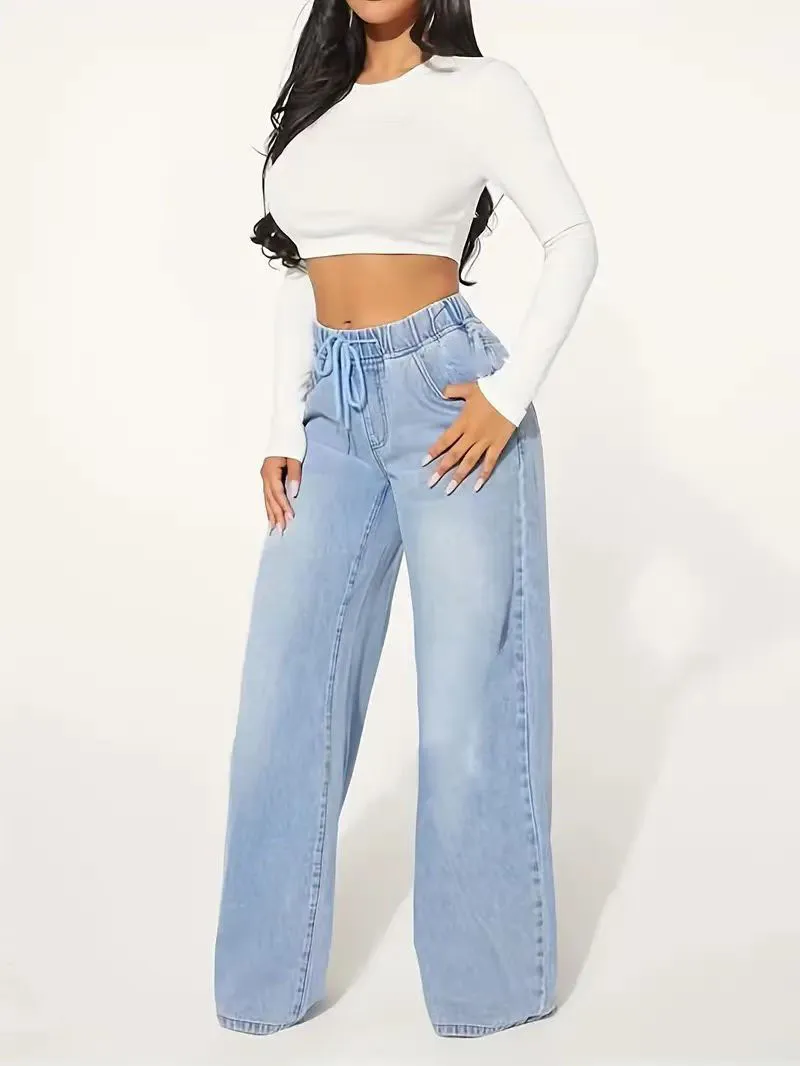 High Waist Drawstring Loose Wide Leg Light Blue Jeans - Light Blue