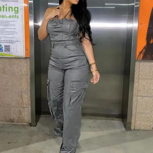 Off the shoulder Tube Top Tight fitting Cinched PU Leather Jumpsuit Lead Gray - Shop at LoveMi