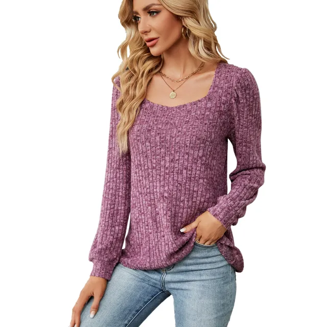 Women's Solid Color Rib Fabric Square Collar Loose Long sleeved T shirt Top Purplish Red - Shop at LoveMi