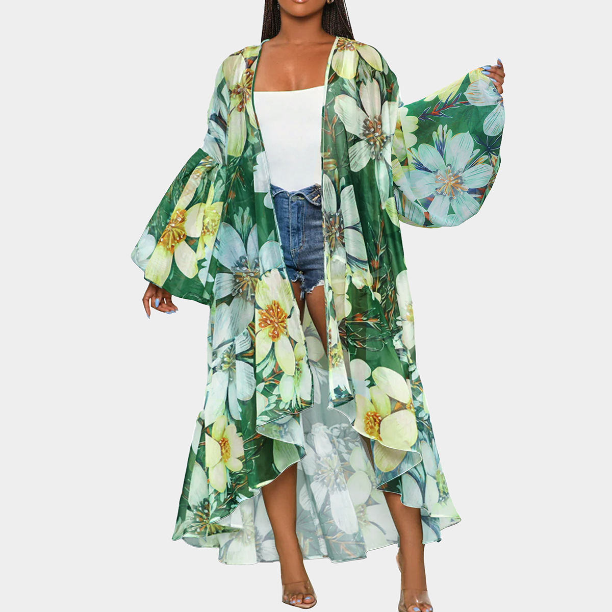 Casual Spring And Autumn Women's Clothing Irregular Long Printed Shawl Cardigan Green - Shop at LoveMi