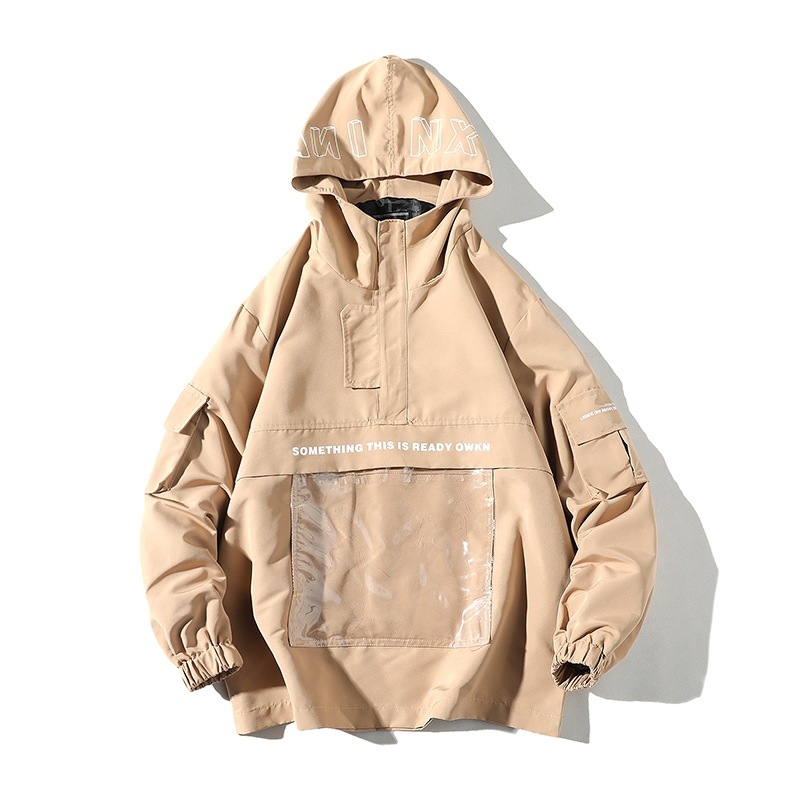 Autumn Hong Kong Style Couple Loose Letter Print Transparent Large Pocket Hooded Jacket