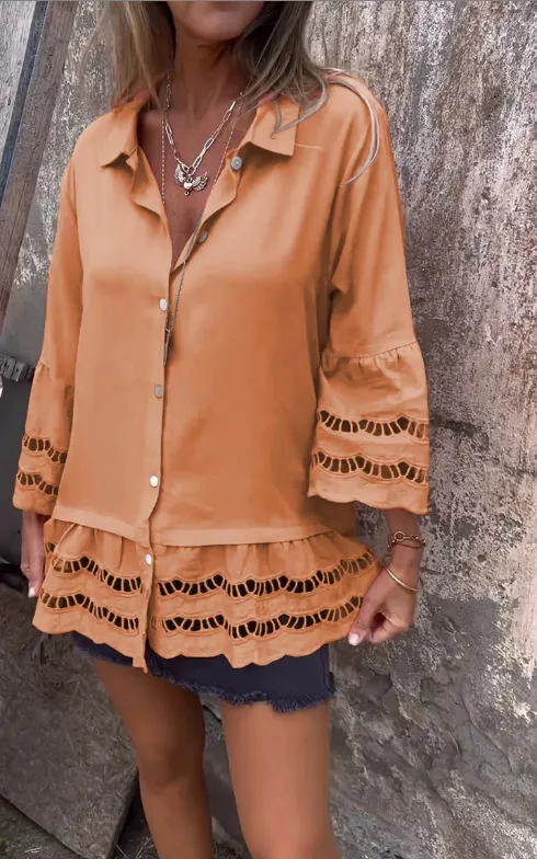 Lapel Long Sleeve Lace Ruffles Lotus Leaf Loose Shirt Khaki - Shop at LoveMi