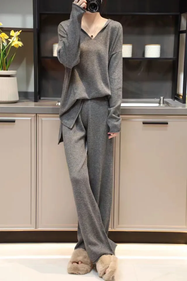 Korean Style Idle Style Hooded Top Casual Wide Leg Pants Knitting Suit Dark Gray - Shop at LoveMi