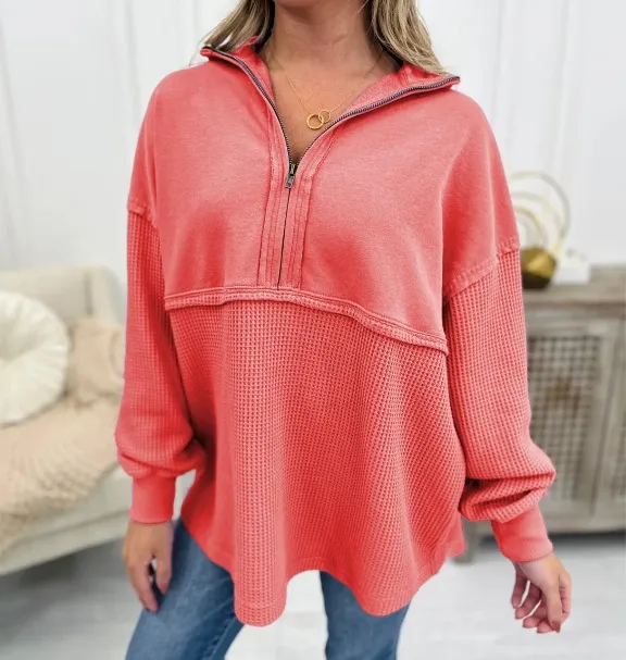 Women's Clothing Loose Zip Patchwork Sweater Watermelon Red - Shop at LoveMi