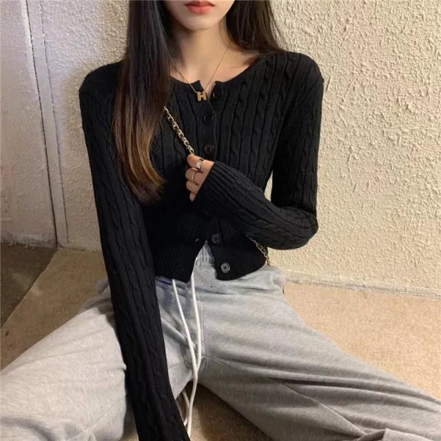Women's Single breasted Twist Knitted Cardigan Round Neck Sweater Black 2109 - Shop at LoveMi