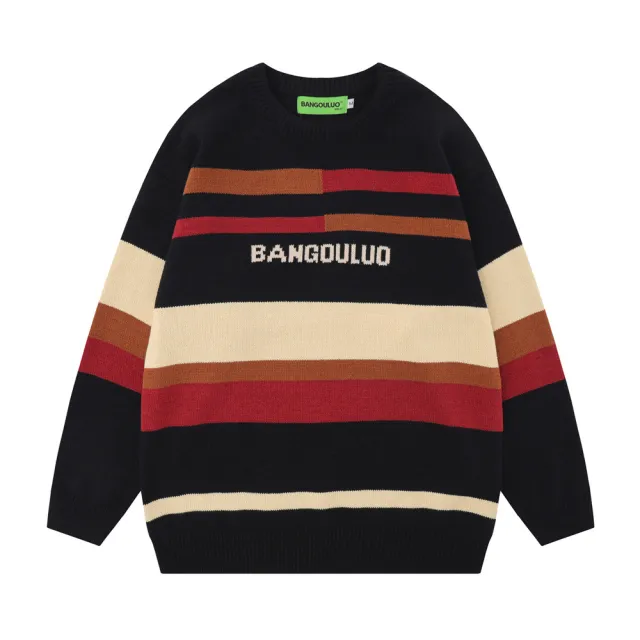 Women's Contrast Striped Loose Sweater Black - Shop at LoveMi