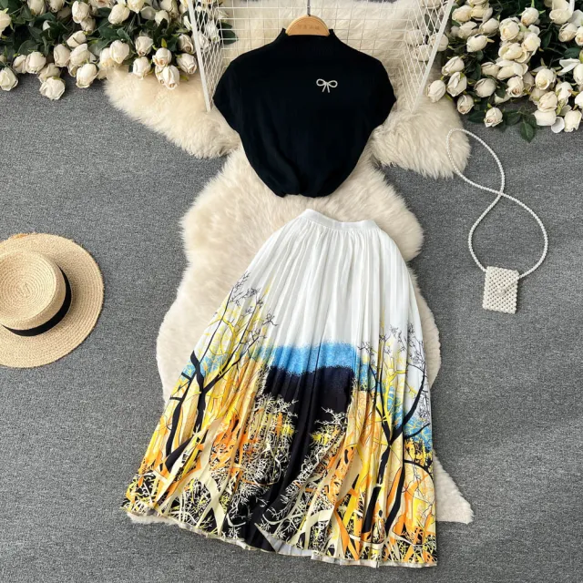 Women's Summer High end Design Sense Niche Sleeveless Shirt Top Pleated Dress Two piece Set Pattern 1 - Shop at LoveMi