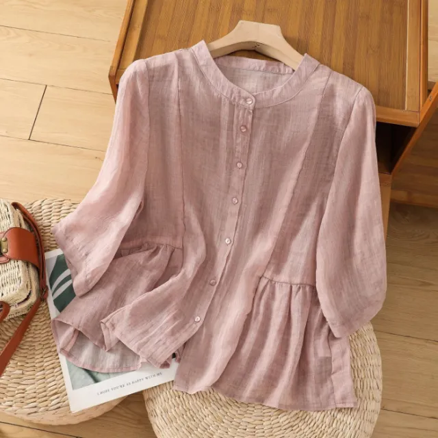 New Loose Slimming Temperament Casual Cotton Linen Top Flesh Pink - Shop at LoveMi