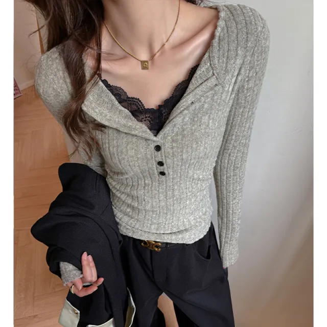 Fashion Lace Spliced Long Sleeve T shirt Women Oatmeal Color - Shop at LoveMi