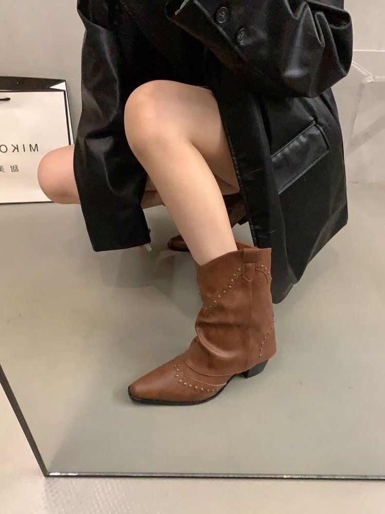 Women's Fashion Retro Rivet Design Booties Brown - Shop at LoveMi