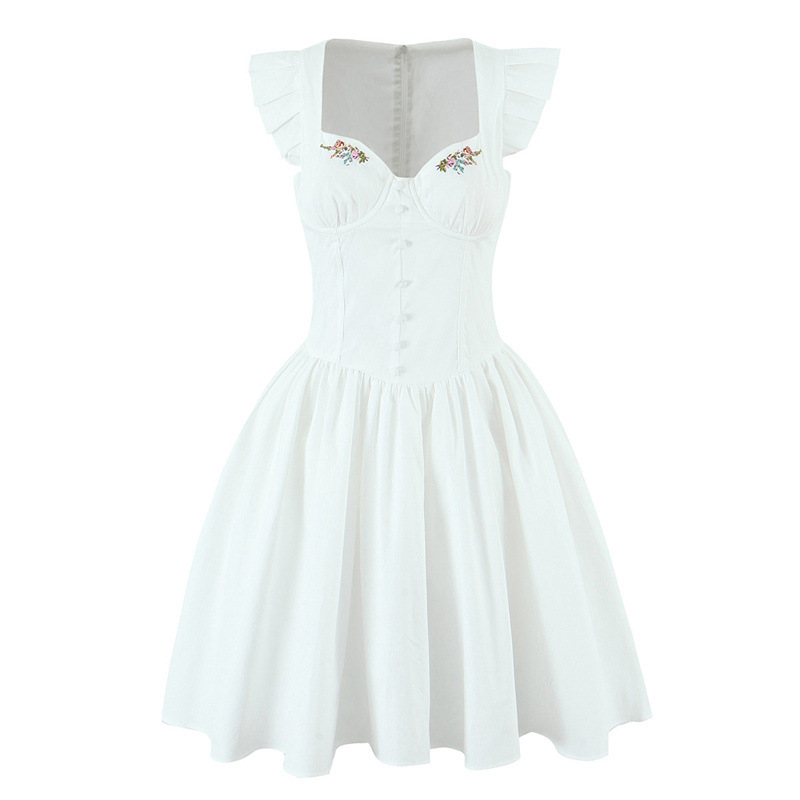 Sweet Lemon Yellow White Flying Sleeves Fishbone Embroidery Mini Dress White - Shop at LoveMi