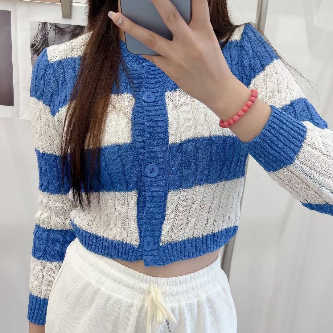 Autumn Women's Mixed Color Stripe Thin Cardigan Jacket Knitwear Blue - Shop at LoveMi