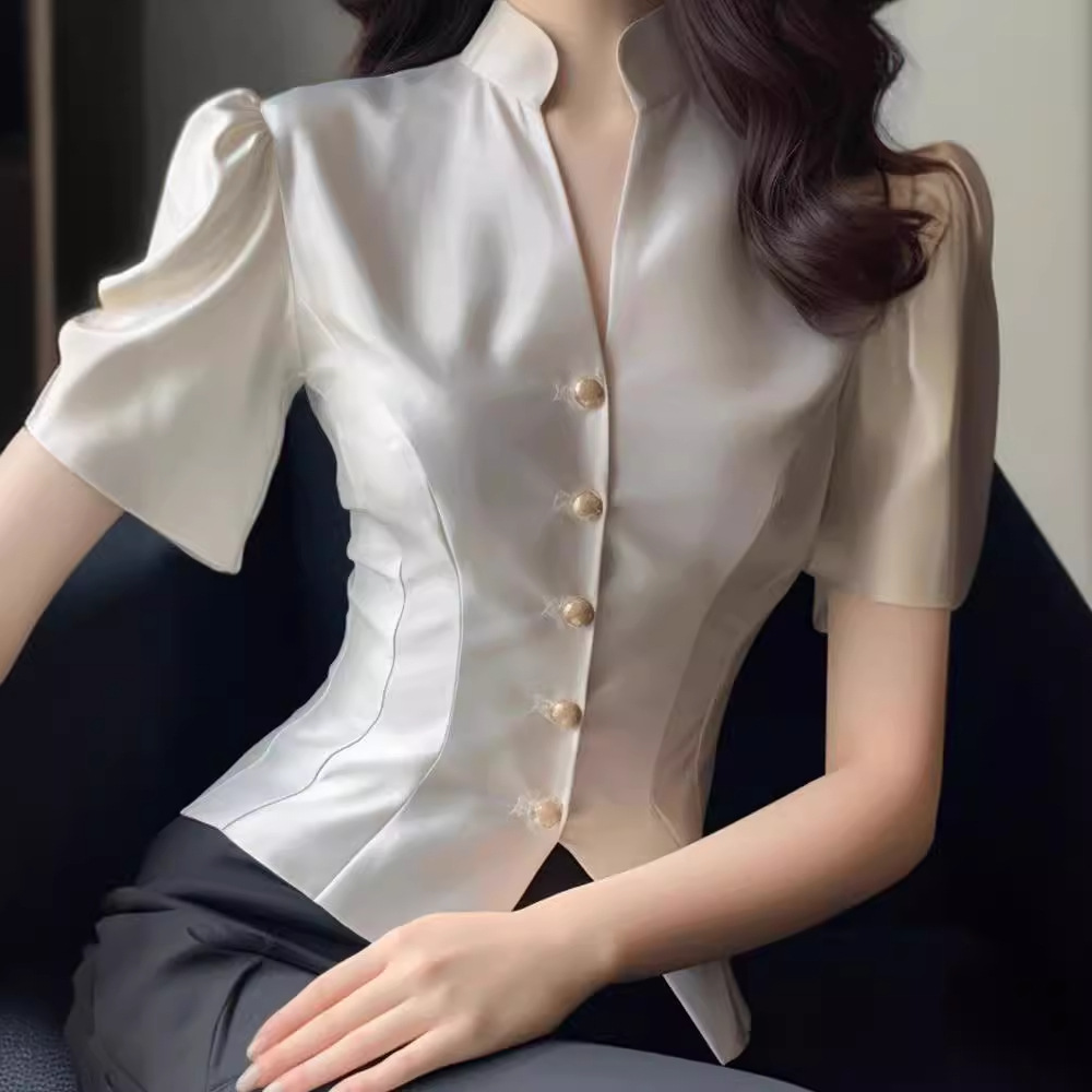 Satin Shirt Women's Tight Waist V-neck High-end Temperament Top