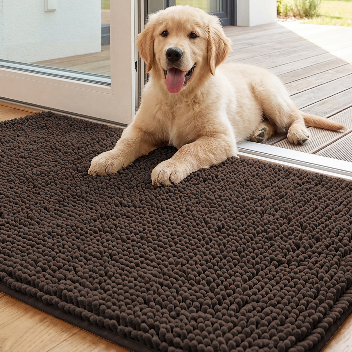 Chenille Non-slip Water-absorbent Solid-color Long-pile Pet Mat Brown 17x24inch
