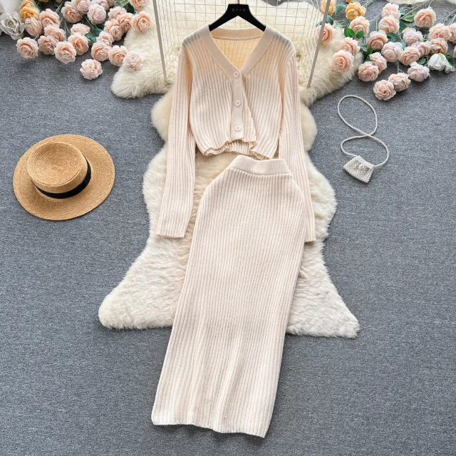 French Style Retro V neck Long Sleeve Cardigan Top Skinny Sheath Skirt Two piece Set Apricot - Shop at LoveMi