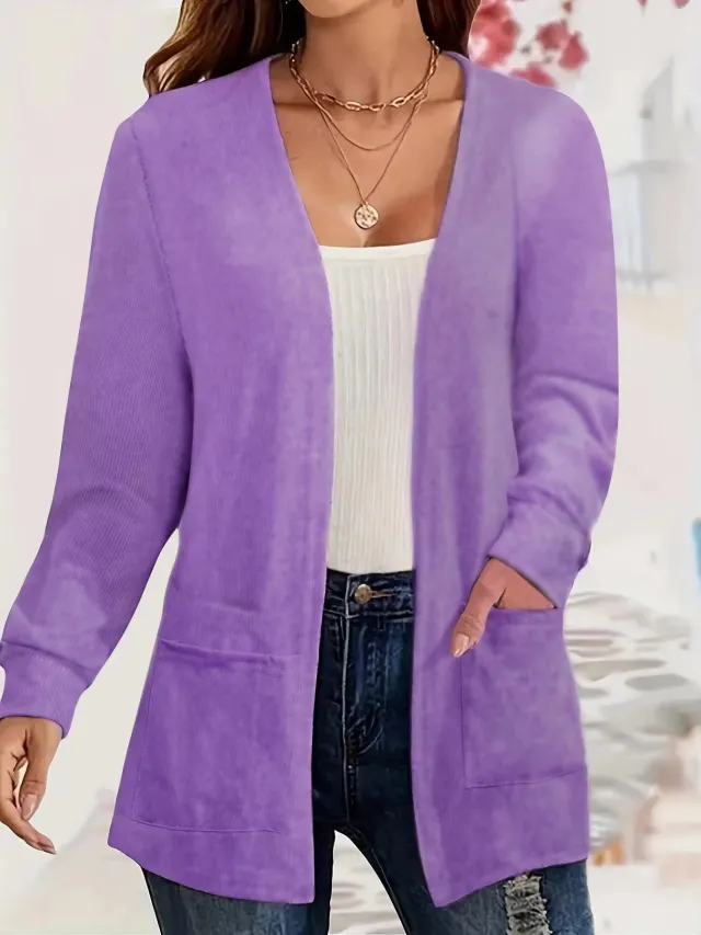 Women's Casual Solid Color Pocket Loose fitting Thin Long Sleeve Coat Violet - Shop at LoveMi