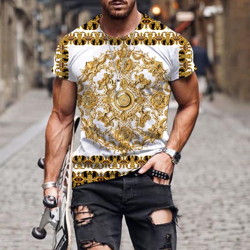 Title 2, Gold Pattern 3D Print T-Shirt Half Sleeve for m...