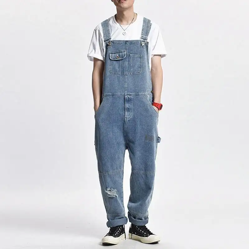 Retro Mens Distressed Denim Casual Suspender Overalls