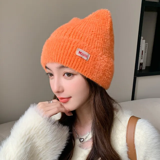 Winter Mink Cat Ears Plush Girl's Cap Warm Ear Protection Knitted Hat Orange - Shop at LoveMi