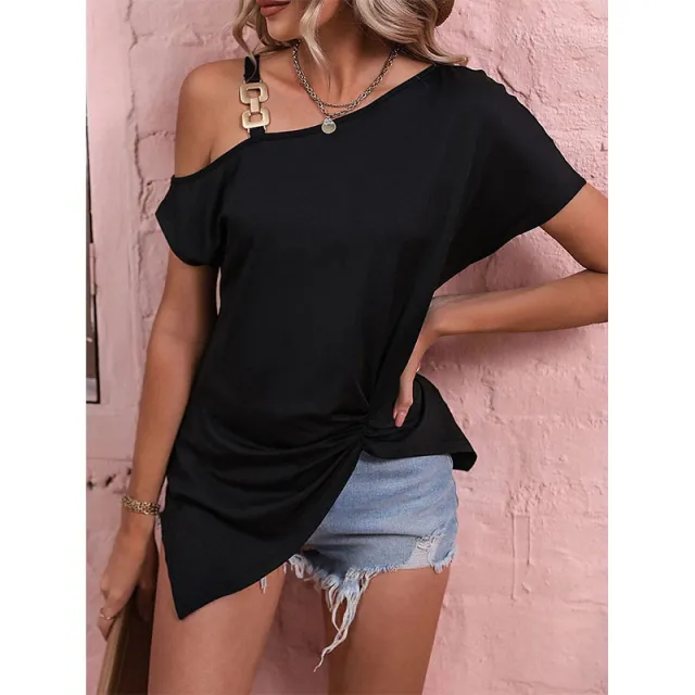 Summer Shoulder Buckle Short Sleeve T shirt Top Black - Shop at LoveMi