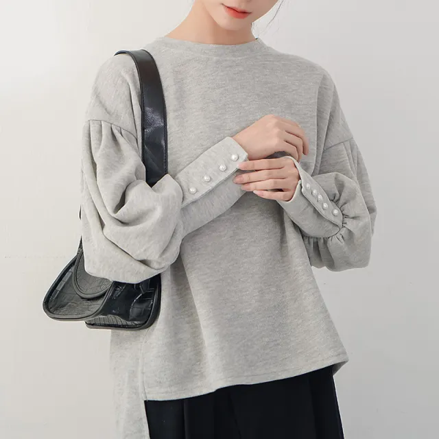 Women's Lantern Sleeve Sweater Pearl Buckle Solid Color Gray - Shop at LoveMi