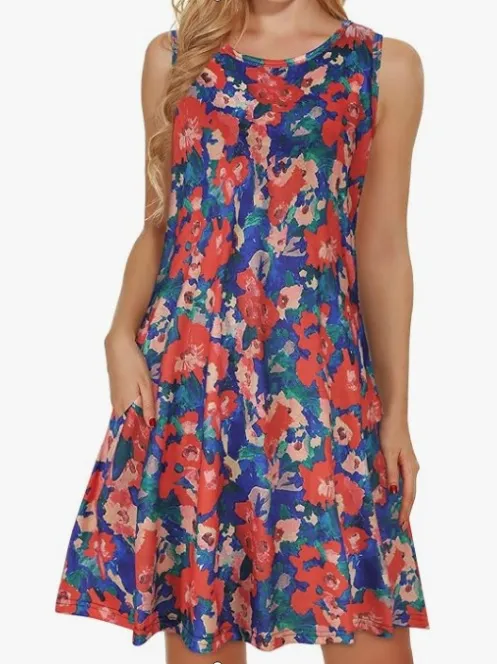 Beach Hawaiian Print Baggy Tank Dress With Pockets Dress Model 1 - Shop at LoveMi