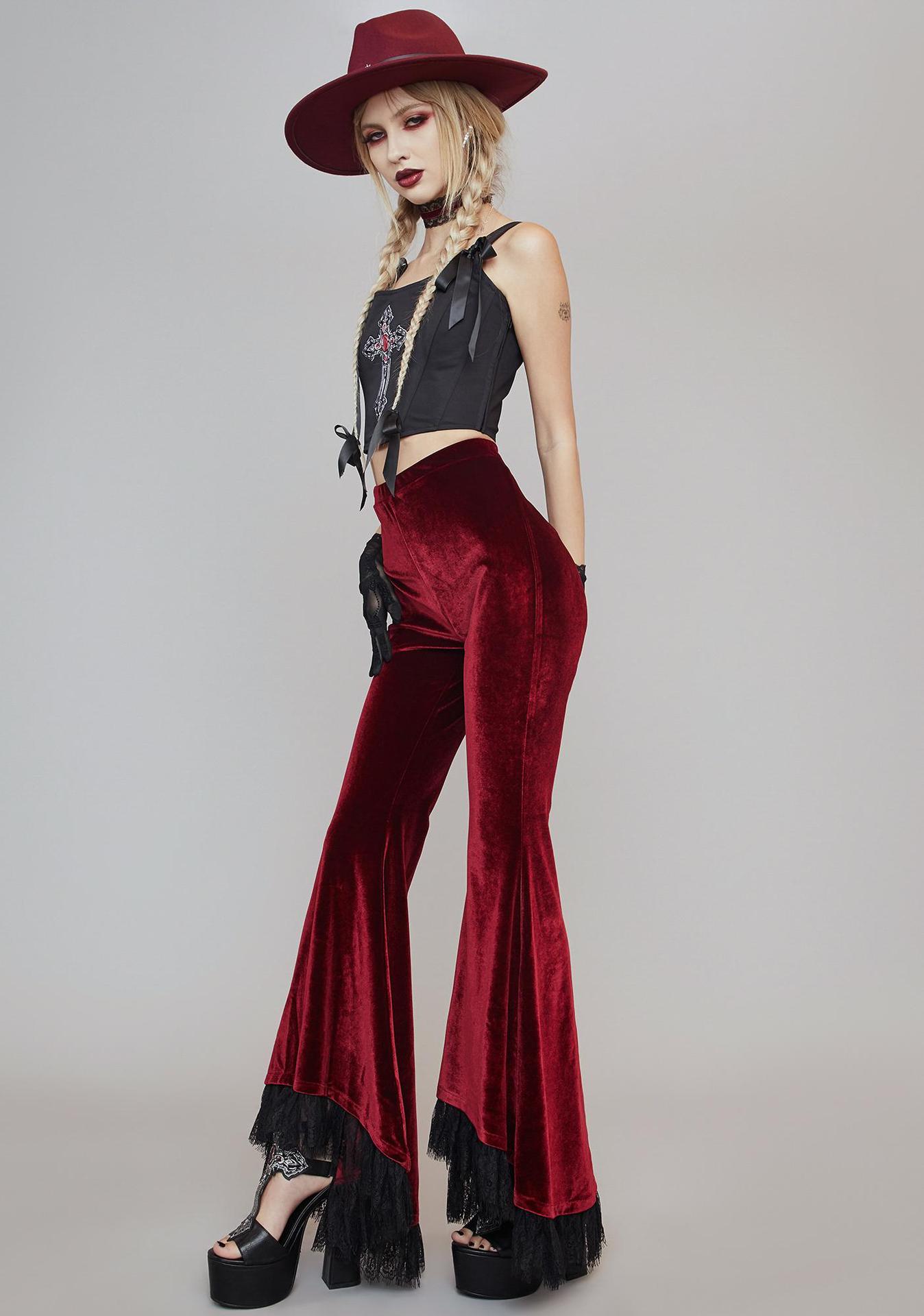 Title 4, High-waisted Commuter Red Velvet Flared Trousers