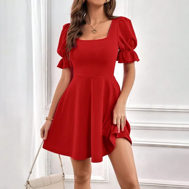 Women's Solid Color Elegant Slim fit Short sleeve Square neck Red Dress Red - Shop at LoveMi