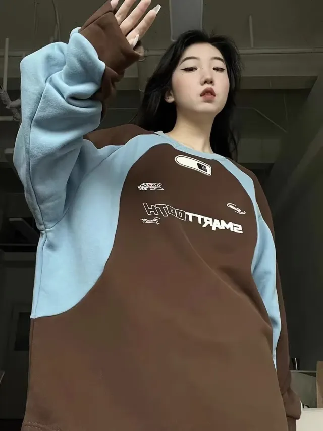 Sweater Men's And Women's Loose Long Sleeve Patchwork Top Brown - Shop at LoveMi