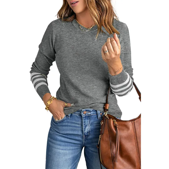 Plain Knitted Sweater With Striped Sleeves Gray - Shop at LoveMi