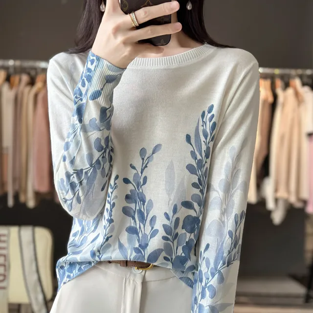 Round Neck Printed Silk Worsted Wool Sweater Pullover Blue - Shop at LoveMi