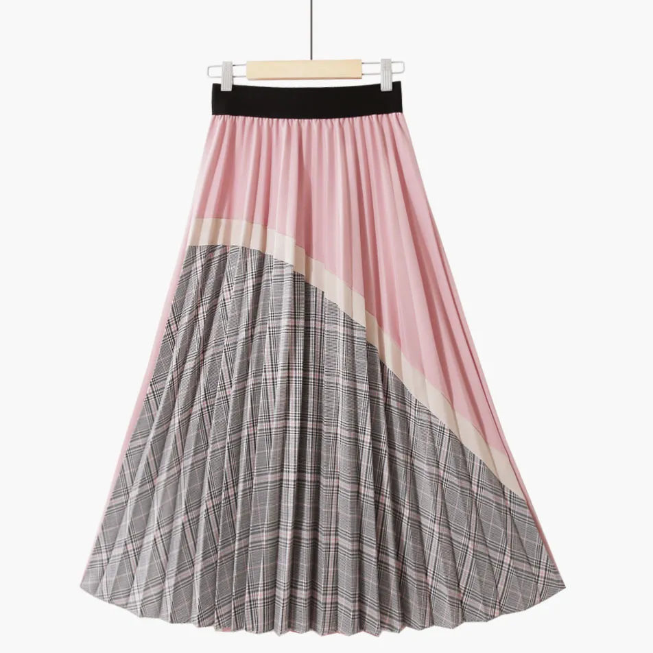 Women's Fashion Retro All-match Contrast Color High Waist Plaid Skirt - Pink