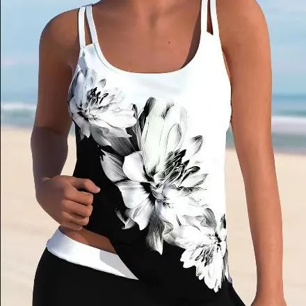 New Split Tankini Ink Painting Swimsuit Tan - Shop at LoveMi