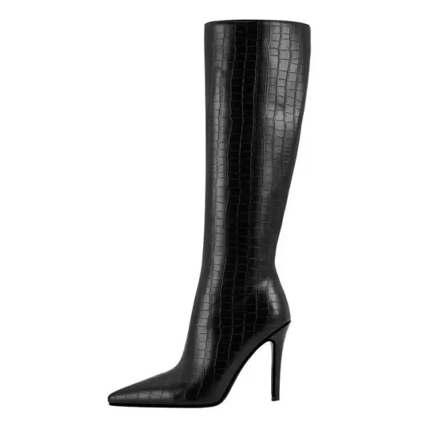 Plaid Solid Color Zipper Pointed Stiletto Heel Boots Black - Shop at LoveMi