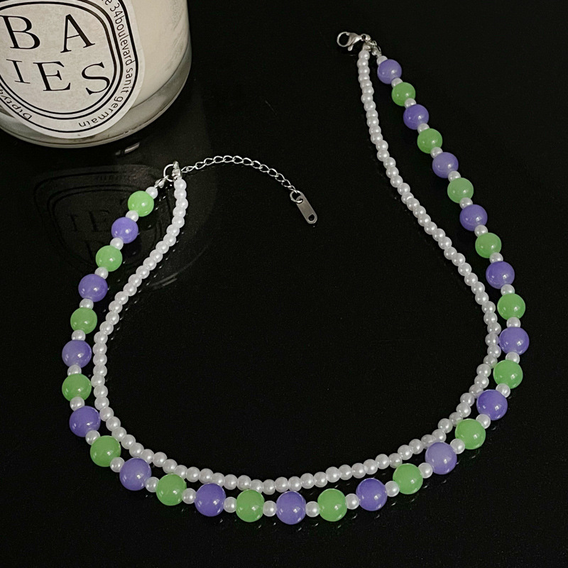 Purple Green Round Beads Stitching Pearl Necklace