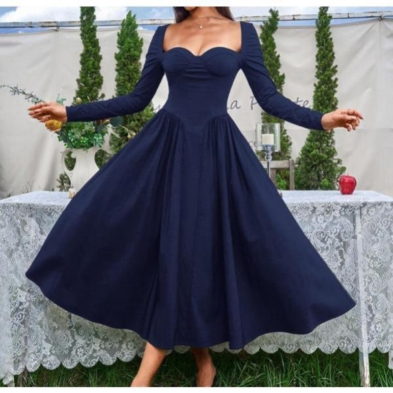 New Women's Simple Pleated Back V neck Dress Darkblue - Shop at LoveMi