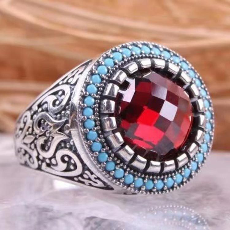Europe And America Cross Border Ornament Vintage Pattern Black Flat Zircon Ring Factory Ornament Wholesale Men's Fashion Ring