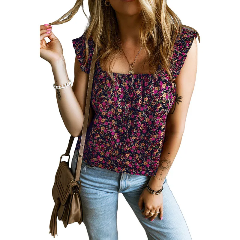 Fashion Floral Short Vest Women Ruffles - Red