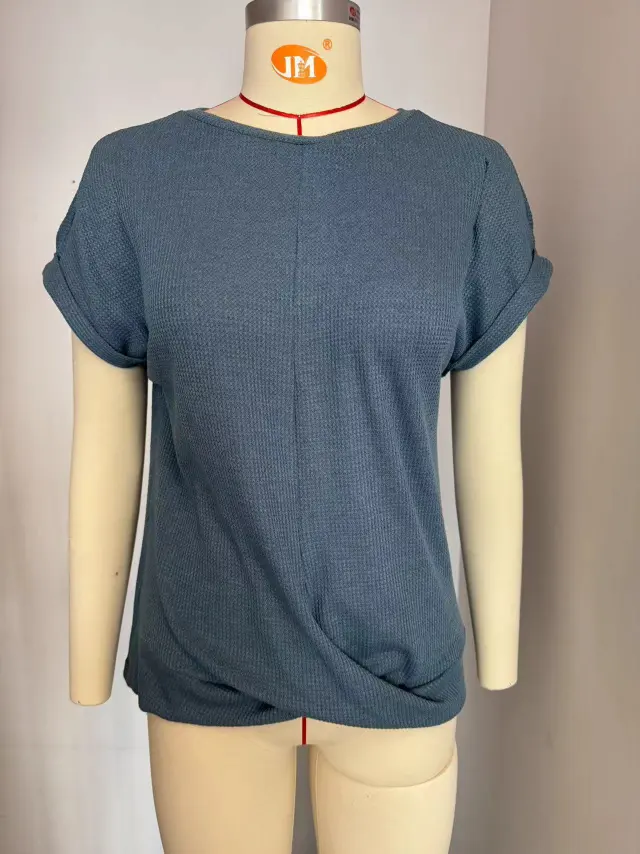 Women's Solid Color Waffle Twisted Loose Short Sleeved Shirt Physical Display Picture L - Shop at LoveMi