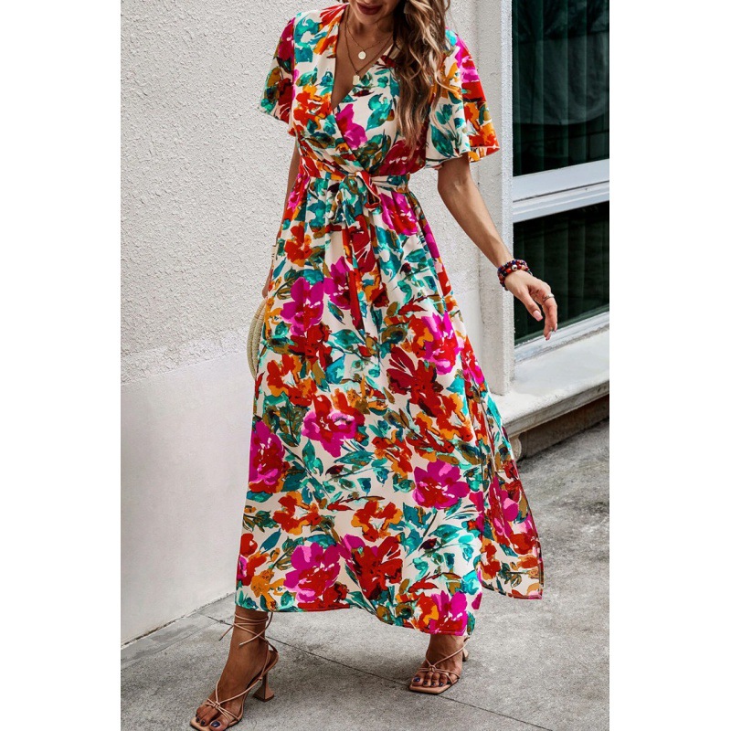 Summer Women's Printed Short Sleeve Dress V neck Waist slimming Long Dress White - Shop at LoveMi