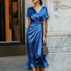 V-neck Short Sleeve Solid Color Satin Acetate Dress - Blue - View 1